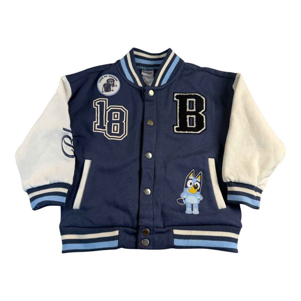 Bluey Kids Navy Varsity Jacket Snap Front Letterman 18 B Patch 3T